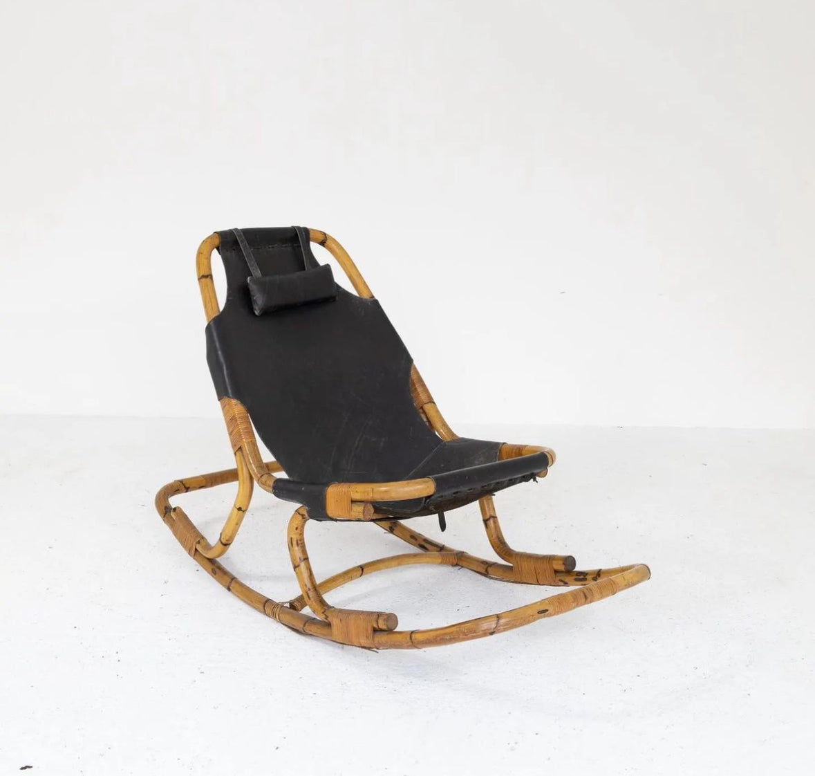 Bamboo & Leather Rocking Chair - Italy 60s