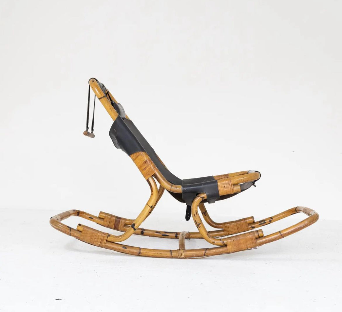 Bamboo & Leather Rocking Chair - Italy 60s