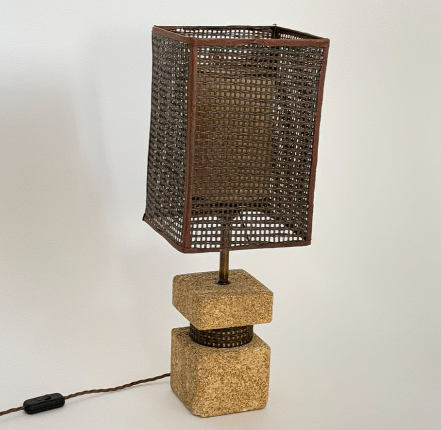 Rattan and Stone Table Lamp - France 60s