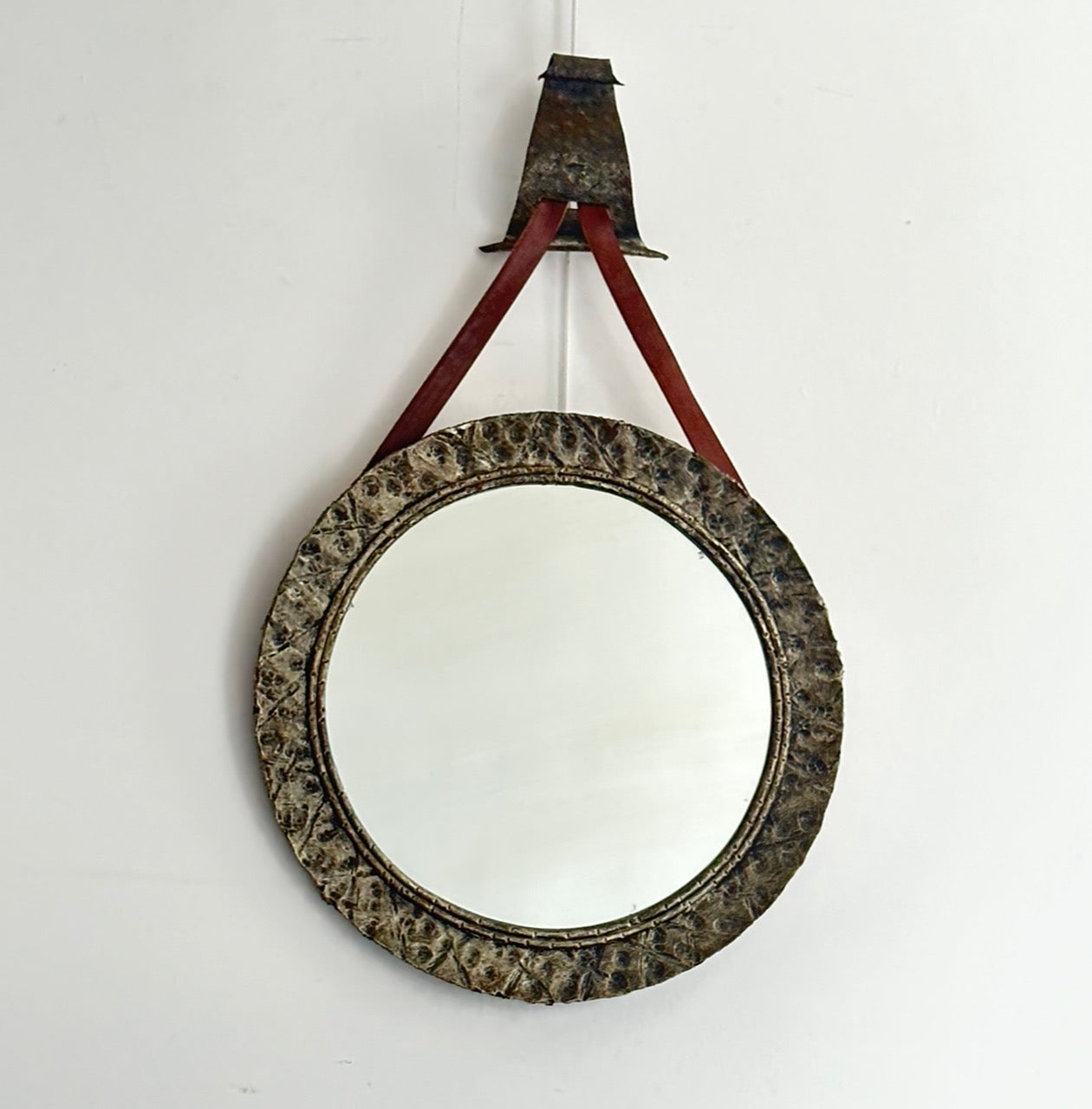 Hammered Iron Mirror with Leather Strap - Spain 50s