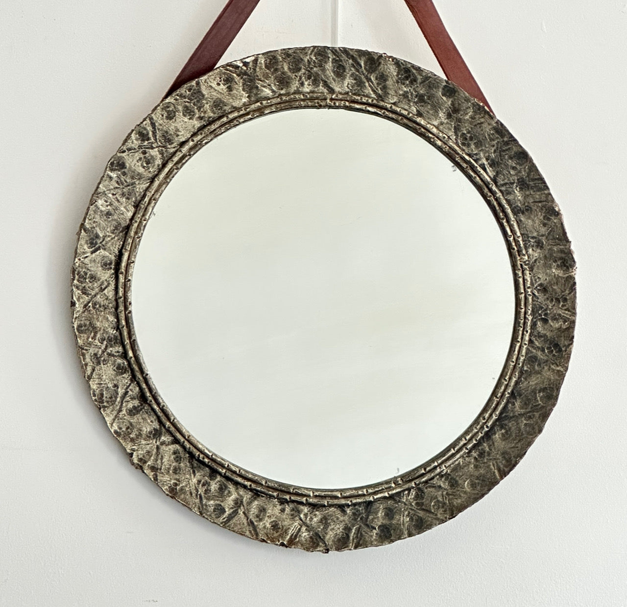 Hammered Iron Mirror with Leather Strap - Spain 50s